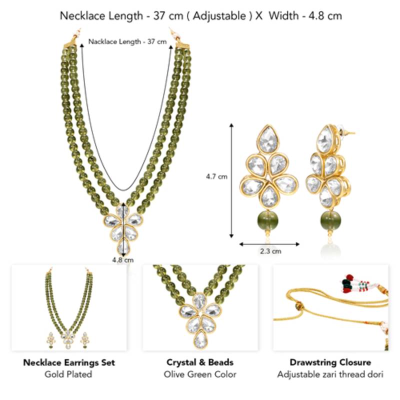Olive green crystal & beads studded necklace earrings set jewelry for