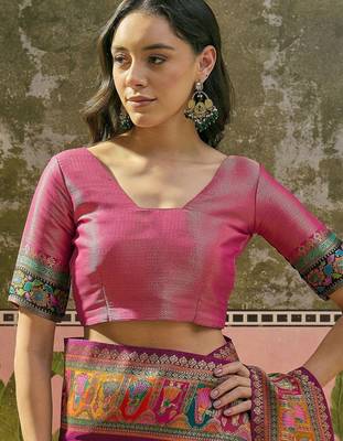 Purple position printed zari weaving saree with contrast blouse piece 4