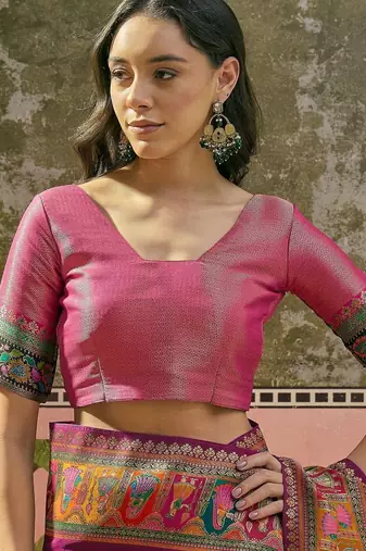 Purple position printed zari weaving saree with contrast blouse piece