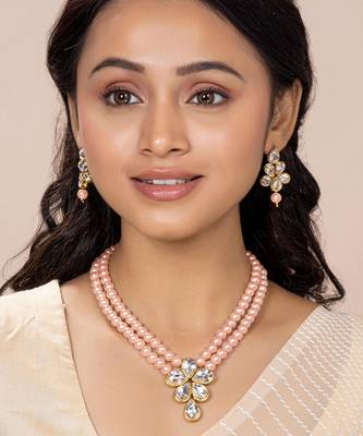 Kundan & beads studded light pink necklace & drop earrings set 1
