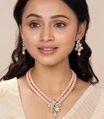 Kundan & beads studded light pink necklace & drop earrings set
