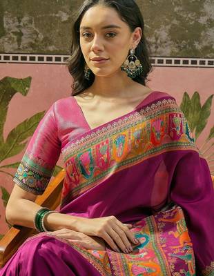 Purple position printed zari weaving saree with contrast blouse piece 5