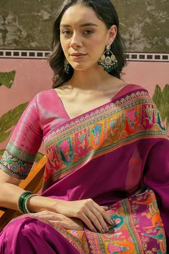 Purple position printed zari weaving saree with contrast blouse piece