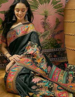 Black position printed zari weaving saree with contrast blouse piece 1