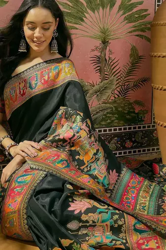 Black position printed zari weaving saree with contrast blouse piece