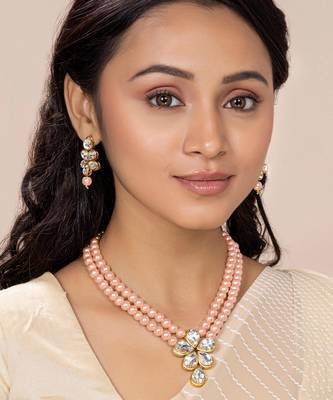 Kundan & beads studded light pink necklace & drop earrings set 2