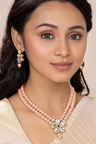Kundan & beads studded light pink necklace & drop earrings set