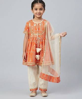 Orange off white mughal printed kurti set 1