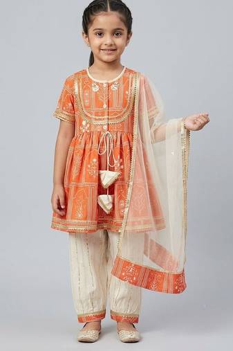 Orange off white mughal printed kurti set