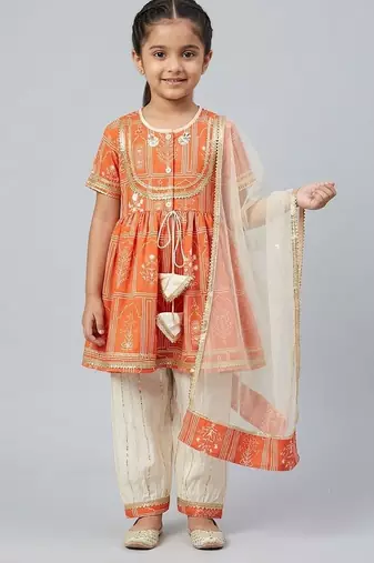 Orange off white mughal printed kurti set