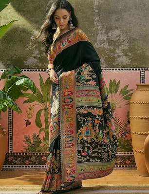 Black position printed zari weaving saree with contrast blouse piece 2