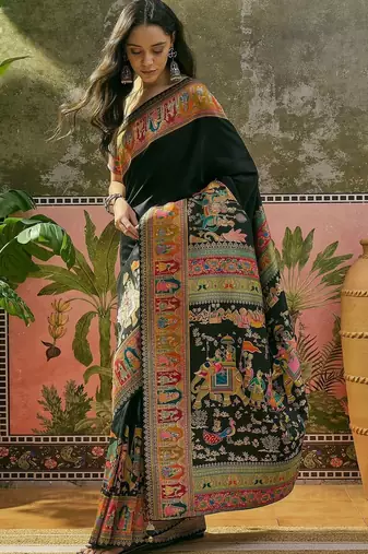 Black position printed zari weaving saree with contrast blouse piece