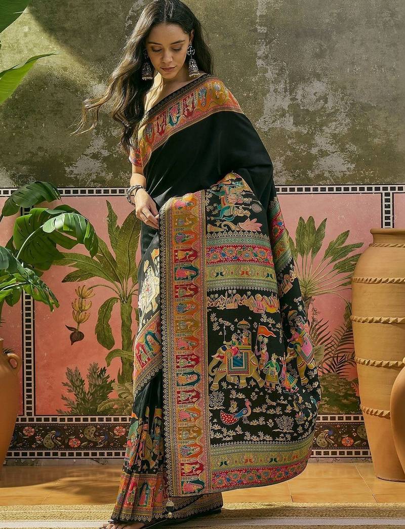 Black position printed zari weaving saree with contrast blouse piece