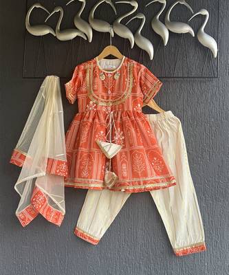 Orange off white mughal printed kurti set 2