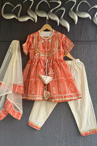Orange off white mughal printed kurti set