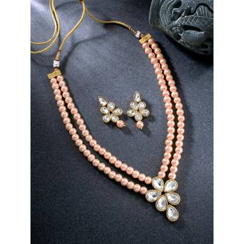 Kundan & beads studded light pink necklace & drop earrings set 3