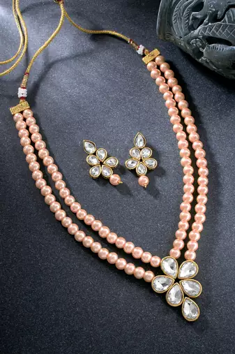 Kundan & beads studded light pink necklace & drop earrings set