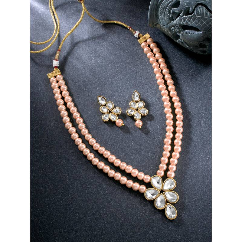 Kundan & beads studded light pink necklace & drop earrings set