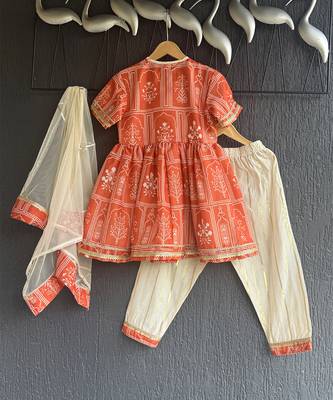 Orange off white mughal printed kurti set 3