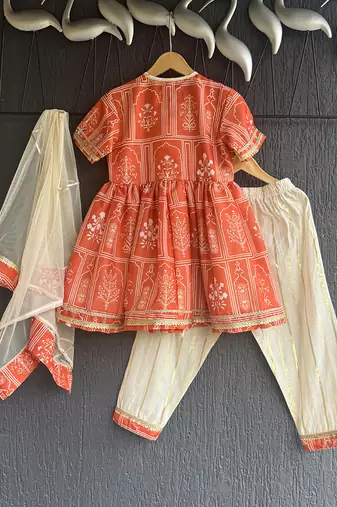 Orange off white mughal printed kurti set
