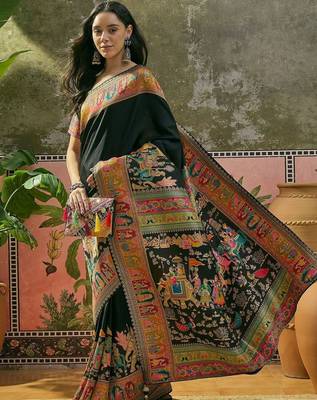 Black position printed zari weaving saree with contrast blouse piece 3
