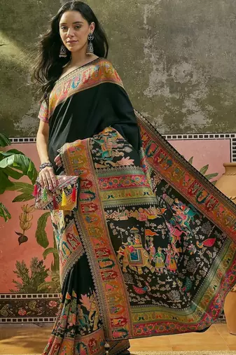 Black position printed zari weaving saree with contrast blouse piece