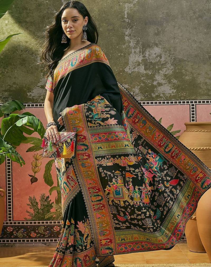 Black position printed zari weaving saree with contrast blouse piece