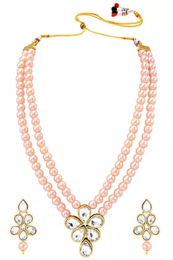 Kundan & beads studded light pink necklace & drop earrings set