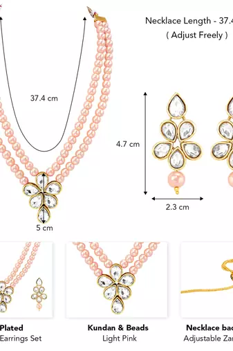 Kundan & beads studded light pink necklace & drop earrings set