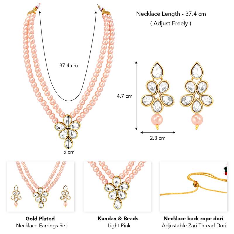 Kundan & beads studded light pink necklace & drop earrings set
