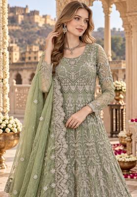 green net semi stitched anarkali suit with embroidery & diamond work 2