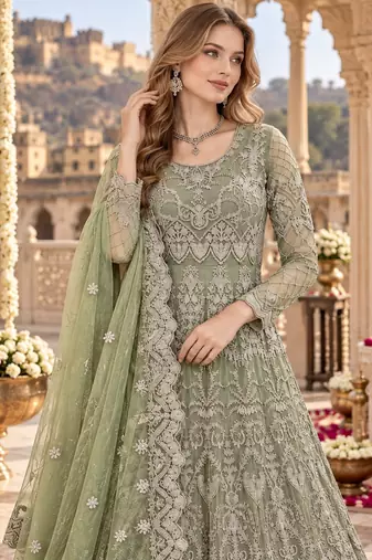 green net semi stitched anarkali suit with embroidery & diamond work