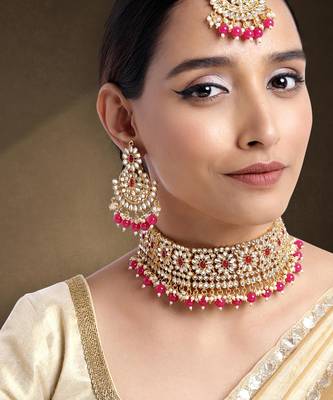 Women's faux pearl choker necklace with earrings bharatanatyam jewelry set 1