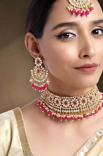 Women's faux pearl choker necklace with earrings bharatanatyam jewelry set