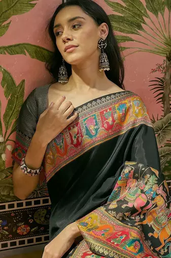 Black position printed zari weaving saree with contrast blouse piece