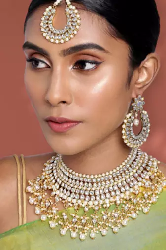 Maang tikka with kundan necklace earrings set bharatanatyam jewelry