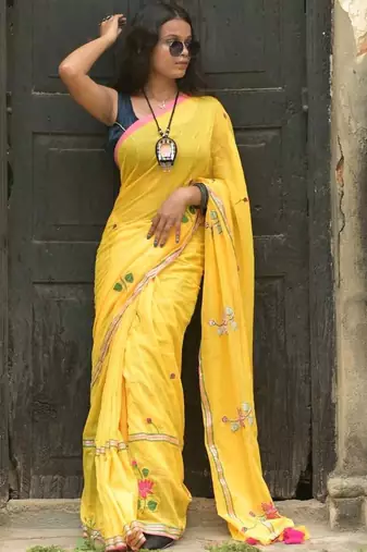 Yellow floral embroidered cotton khadi saree