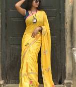 Yellow floral embroidered cotton khadi saree