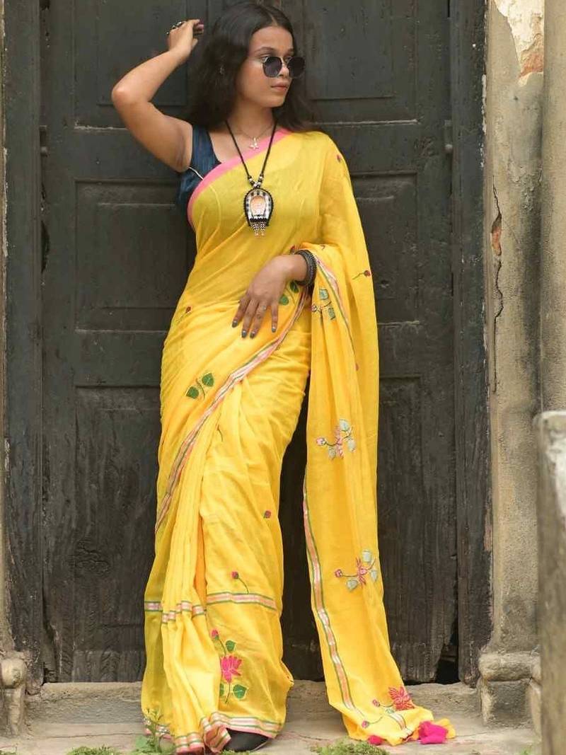 Yellow floral embroidered cotton khadi saree