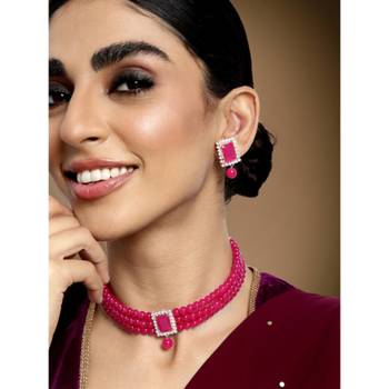Women's choker crystal pearl beaded necklace & earrings set bharatanatyam 1