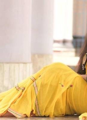 Yellow floral embroidered cotton khadi saree 2