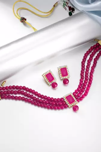 Women's choker crystal pearl beaded necklace & earrings set bharatanatyam