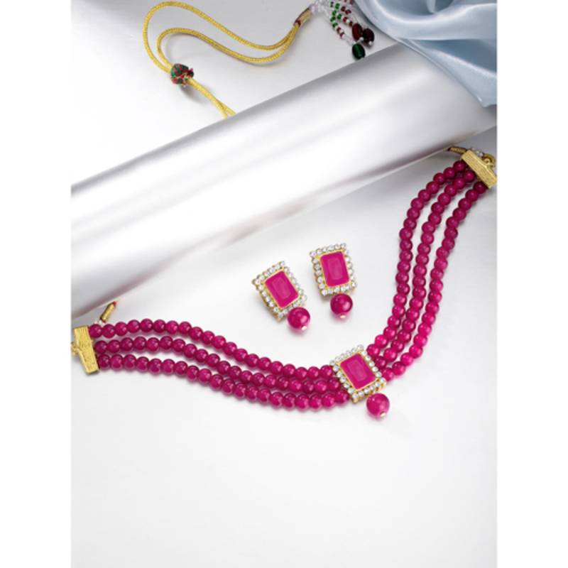 Women's choker crystal pearl beaded necklace & earrings set bharatanatyam