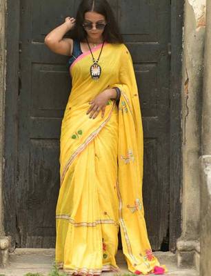 Yellow floral embroidered cotton khadi saree 3