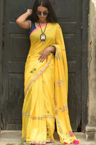 Yellow floral embroidered cotton khadi saree