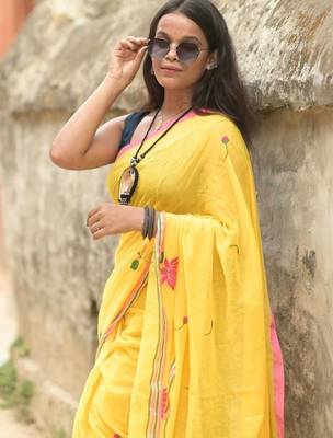 Yellow floral embroidered cotton khadi saree 4