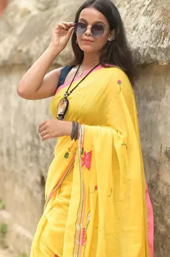 Yellow floral embroidered cotton khadi saree