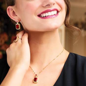 Gold plated red cubic zirconia studded pendant chain drop earrings 1