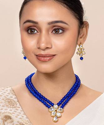 Blue faux kundan pendant beads necklace earrings set jewelry 1