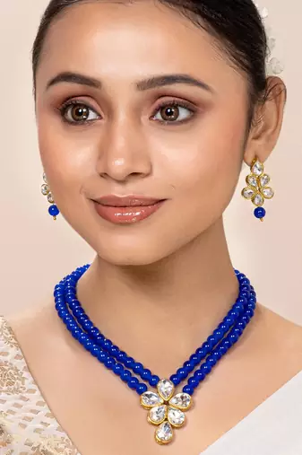 Blue faux kundan pendant beads necklace earrings set jewelry